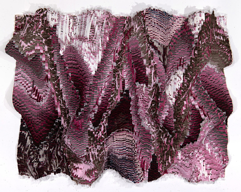 Kenny Nguyen, Eruption Series No. 79, 2025, hand-cut silk fabric, acrylic paint, canvas, mounted on wall, 53 x 72 inches/135 x 183 cm