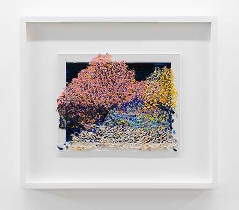 Neha Vedpathak, In the wee hours (upon a hill) 3, 2018, handplucked Japanese handmade paper, acrylic paint on acrylic Plexi-sheet, 9 x 11 inches/23 x 28 cm