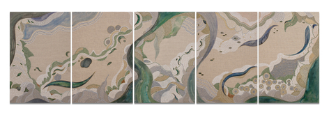 Listening, 2023, ink and watercolor on linen, 36 x 120 inches/91.4 x 305 cm