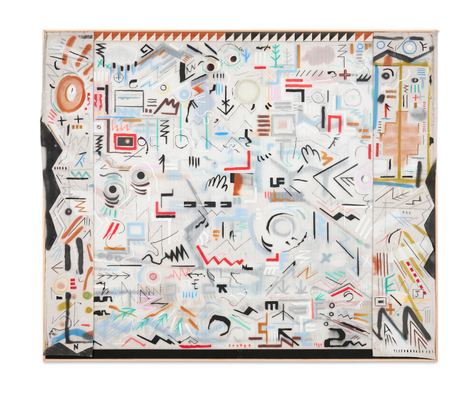 Trading In My Tears, 2025–2026, acrylic ink, graphite, India ink on Sheetrock panels in artist’s frame, 72 x 86 inches/182.9 x 218.4 cm