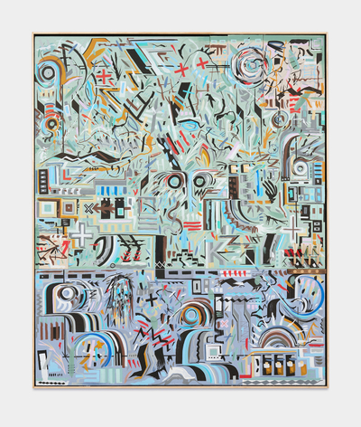 Looking Forward to Something Special, 2025–2026, acrylic ink, graphite, India ink on Sheetrock panels in artists frame, 73.25 x 61 inches/186.1 x 154.9 cm