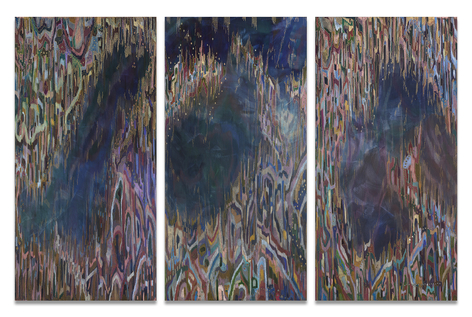 Beyond I, II, III, 2025, watercolor, color pencil and iron oxide on canvas, 72 x 108 inches/182.9 x 274.3 cm