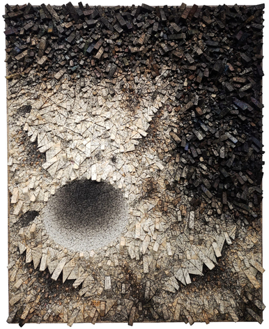 Chun Kwang Young, Aggregation 24 - FE010, 2024, mixed media with Korean mulberry paper, 64.2 x 51.6 inches/163 x 131 cm