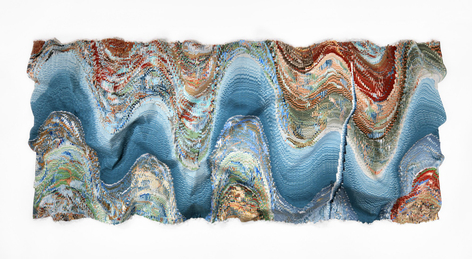 Undercurrent Series No. 7, 2026, hand-cut silk fabric, acrylic paint, canvas, mounted on wall, 83 x 188 inches/210 x 477 cm
