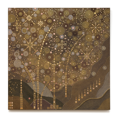 Exuberant, 2025, watercolor, color pencil and iron oxide on canvas, 48 x 48 inches/122 x 122 cm