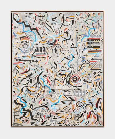 Look How Fast It Goes, 2026, acrylic ink, graphite, India ink on Sheetrock panels in artist’s frame, 61 x 49 inches/154.9 x 124.5 cm