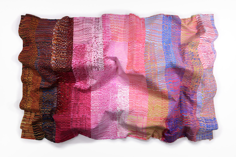 Encounter Series No. 67, 2025, hand-cut silk fabric, acrylic paint, canvas, mounted on wall, 83 x 125 inches/210.8 x 317.5 cm