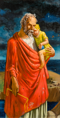 GEORGE MARINKO (1908&ndash;1989), "Old Man Holding Child," about 1935&ndash;42. Oil on Masonite, 14 x 7 1/2 in.