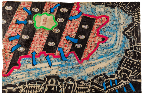 George Widener (b. 1962), "Untitled (Blue Arrows inside Red Border)," 2025. Marker, ink, and paint on paper, 19 1/4 x 29 1/2 in.