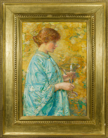 CHILDE HASSAM (1859&ndash;1935), "Venetian Glass (Portrait of Kitty Hughes)," c. 1913&ndash;16. Oil on canvas, 33 1/4 x 23 1/8 in. Showing original gilded Arts &amp; Crafts style frame.