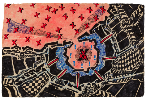 George Widener (b. 1962), "Untitled (Red Xs)," 2025. Marker, ink, and paint on paper, 19 1/2 x 29 1/2 in.