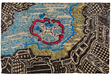 Georgge Widener (b. 1962), "Untitled (with Red Arrows)," 2025. Marker, ink, and paint on brown paper, 19 1/4 x 29 3/4 in.