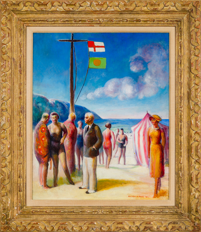 GUY P&Egrave;NE DU BOIS (1885&ndash;1958), "Beach at Deauville," 1926. Oil on canvas, 22 x 18 in. (detail). Showing original gilded frame and fabric liner.