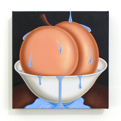 painting of a wet, ripe peach in a white bowl. Water pools down the bowl on to a brown table