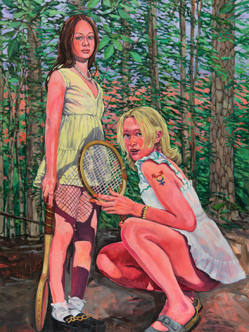 Two young woman in tennis skirts look seductively at the viewer, one crouches at the feet of the other.