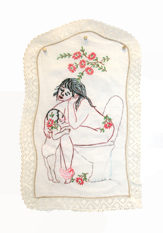 Embroidery of woman with arch ini background