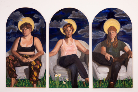 Three panel painting in an altarpiece style featuring three trans women