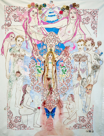 Painting with embroidered figures referencing Biblical and Historical Stories. Nude central mother figure supported b y nude male and female figures. Pastel colors, along with reds, blues and yellows.