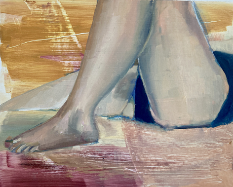 oil on paper drawing of the bent know and lower half of a reclining figure in blue underwear