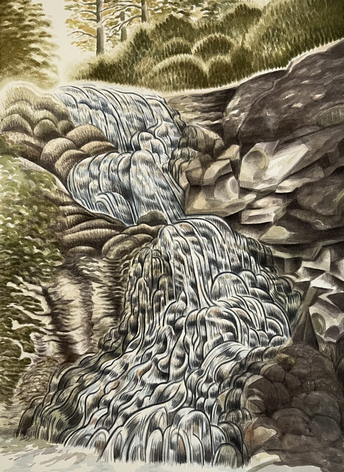 watercolor od a rocky waterfall in three sections