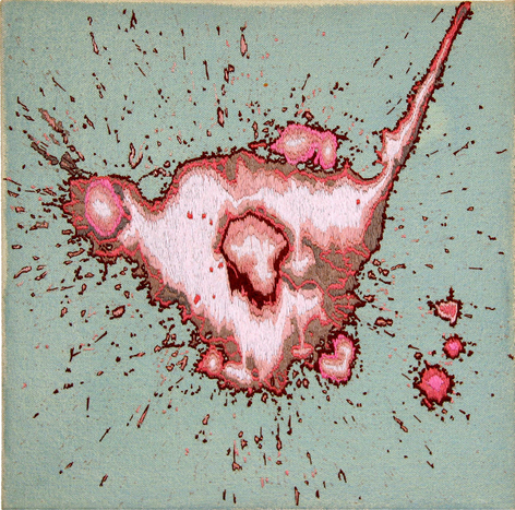 Green stained canvas with a red and pink hand stitched "Stain" at the center