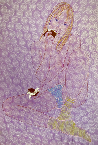 Woman eating with patterned background