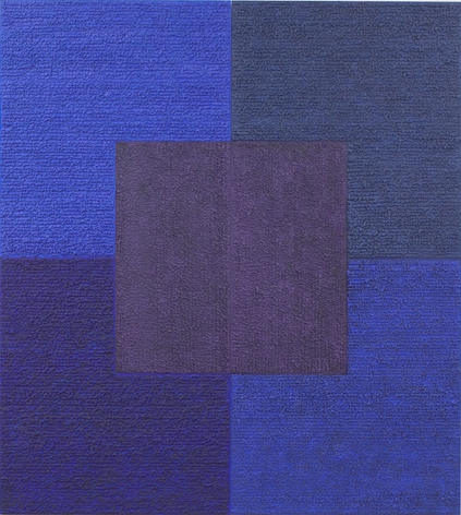 Louise P Sloane, True Blue, 2005, Acrylic paints and pastes on wood panel, 80 x 72 inches, four rectangles and a central square (blue, purple, indigo) Louise P. Sloane has been creating abstract paintings since 1974.
