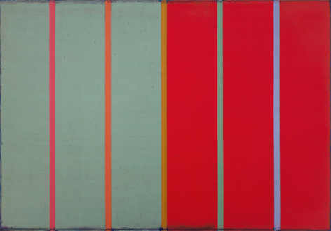 Steven Alexander, Tracer 10, 2016, Oil &amp; acrylic on canvas, 42 x 60 inches, Vertical red and green-grey panels with pink, orange, yellow, green and blue stripes in between. Steven Alexander is an American artist who makes abstract paintings characterized by luminous color, sensuous surfaces and iconic configurations.