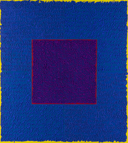 Louise P. Sloane, Mystic Garden, 2018, Acrylic paints and pastes on linen, 40 x 36 inches, one rectangle and a central square (blue, purple, yellow border) with personal text written in blue over the squares to create three dimensional texture. Louise P. Sloane has been creating abstract paintings since 1974. Her works focus on geometric forms while celebrating color and texture.
