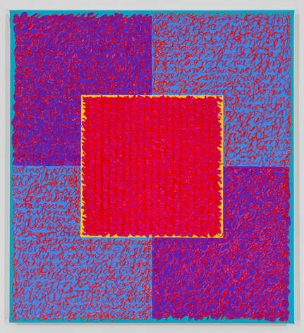Louise P. Sloane, Dangerzone, 2018, Acrylic paints and pastes on linen, 44 x 40 inches, rectangle and a central square (magenta, and yellow) with personal text written in orange and dark red over the squares to create three dimensional texture. Louise P. Sloane has been creating abstract paintings since 1974. Her works focus on geometric forms while celebrating color and texture.