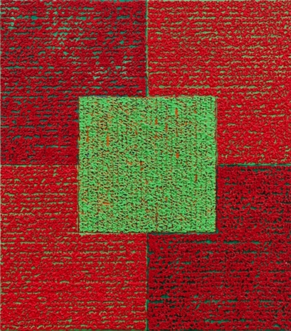 Louise P. Sloane, Green Square With Reds, 2010, Acrylic paints and pastes on aluminum panel,34 inches x 30 inches, four rectangles and a central square (red and mahogany) with personal text written in green over the squares to create three dimensional texture. Louise P. Sloane has been creating abstract paintings since 1974. Her works focus on geometric forms while celebrating color and texture.