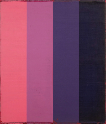 Steven Alexander, Arcade 8, 2018, Oil and acrylic on linen, 42 x 36 inches, Signed and titled on the verso, Vertical rectangles in pink, lilac, purple and navy blue, Steven Alexander is an American artist who makes abstract paintings characterized by luminous color, sensuous surfaces and iconic configurations.