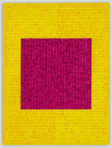 Louise P. Sloane, Celeste, 2018, Acrylic paints and pastes on linen, 48 x 36 inches, rectangle and a central square (magenta, and yellow) with personal text written in orange and dark red over the squares to create three dimensional texture. Louise P. Sloane has been creating abstract paintings since 1974. Her works focus on geometric forms while celebrating color and texture.