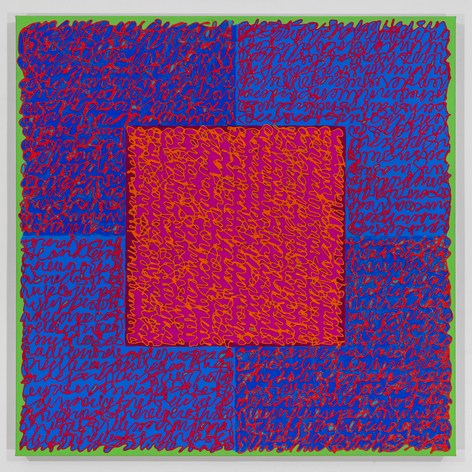 Louise P. Sloane, Burner, 2018, Acrylic paints and pastes on linen, 36 x 36 inches, four rectangles and a central square (blue, purple, pink and green edge) with personal text written in pink over the squares to create three dimensional texture. Louise P. Sloane has been creating abstract paintings since 1974. Her works focus on geometric forms while celebrating color and texture.