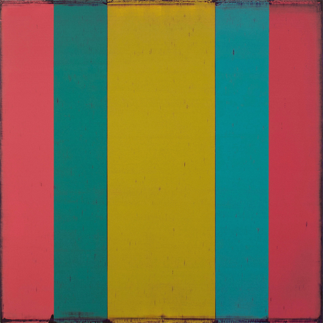 Steven Alexander, Generation 4, 2018, Oil and acrylic on linen, 32 x 32 inches, 5 vertical rectangles in pink, blue and yellow, mirroring each other. Steven Alexander is an American artist who makes abstract paintings characterized by luminous color, sensuous surfaces and iconic configurations.