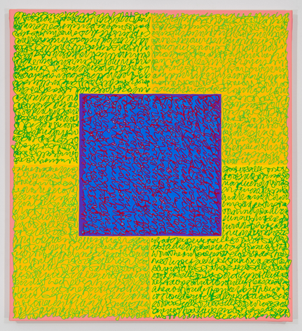 Louise P. Sloane, It's All Good, 2018, Acrylic paint and pastes on linen, 44 x 40 inches, signed, titled and dated on the verso, four rectangles and a central square (yellow, blue, and peach edges) with personal text written over the squares in green to create three dimensional texture. Louise P. Sloane has been creating abstract paintings since 1974.  Louise P. Sloane, has been creating abstract paintings since 1974, embracing minimalist techniques and the beauty of color and texture.