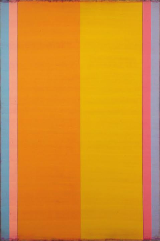 Steven Alexander, Reverb 9, 2017, Oil &amp; acrylic on canvas, 72 x 48 inches, Vertical rectangles, orange and yellow with blue, pink and purple vertical stripes on the side, Steven Alexander is an American artist who makes abstract paintings characterized by luminous color, sensuous surfaces and iconic configurations.