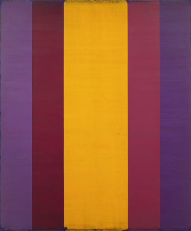 Steven Alexander, Generation 2, 2018, Oil and acrylic on linen, 60 x 50 inches, 5 vertical rectangles in purple, magenta and yellow mirroring the others. Steven Alexander is an American artist who makes abstract paintings characterized by luminous color, sensuous surfaces and iconic configurations.