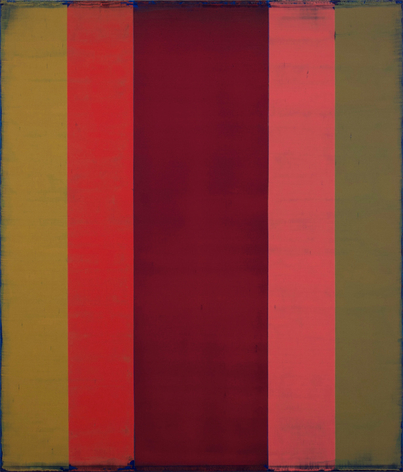 Steven Alexander, Generation 3, 2018, Oil and acrylic on linen, 42 x 36 inches, 5 vertical rectangles in burnt orange, magenta and pink. Steven Alexander is an American artist who makes abstract paintings characterized by luminous color, sensuous surfaces and iconic configurations.