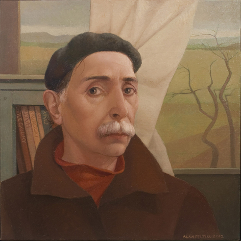 alan feltus, Self-Portrait in Studio (SOLD), 2012, oil on linen, 15 3/4 x 15 3/4 inches