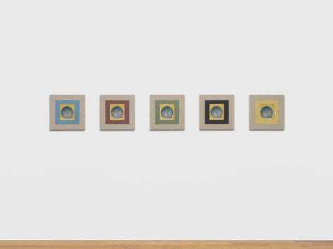 Kamrooz Aram, Variations on Turquoise Bowl, 2025, Oil, color pencil and book pages on linen