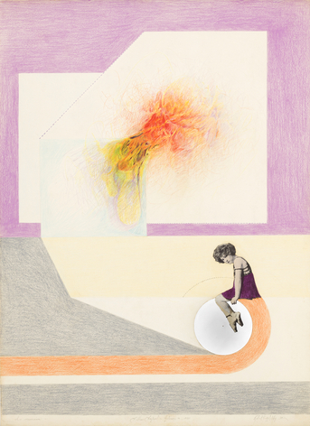 Collage of woman sitting on a circle underneath an explosion made by Mapplethorpe