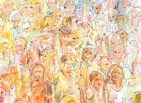 A painting of various people lounging in a pool on innertubes and pool floats, depicting an aerial view of a crowd in a pool or ocean