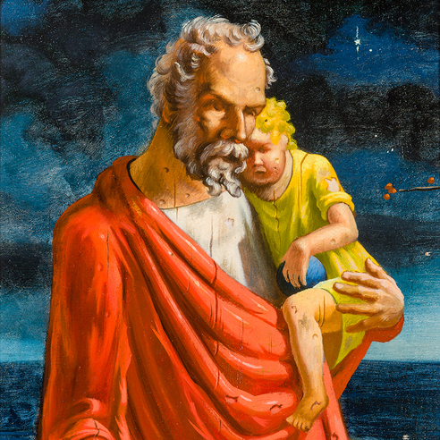 GEORGE MARINKO (1908–1989), "Old Man Holding Child," about 1935–42. Oil on Masonite, 14 x 7 1/2 in. (detail).