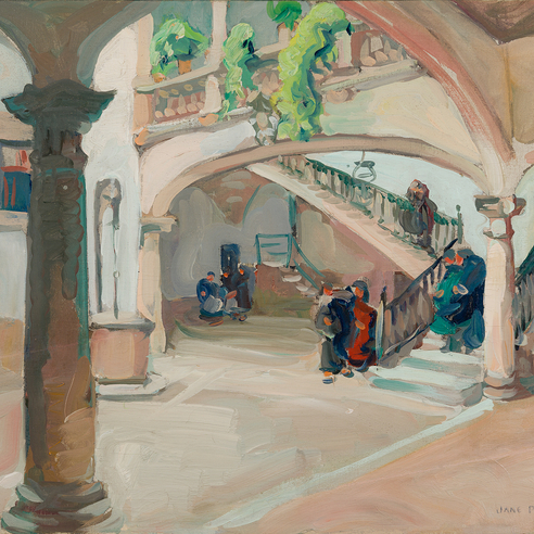 JANE PETERSON (1876–1965), "Courtyard at Ca'n Oleza, Palma, Majorca," c. 1909–10. Oil on canvas, 18 1/4 x 24 1/4 in. (detail).