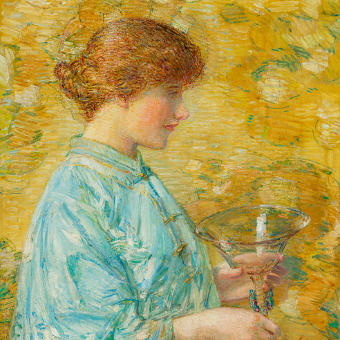 CHILDE HASSAM (1859–1935), "Venetian Glass (Portrait of Kitty Hughes)," c. 1913–16. Oil on canvas, 33 1/4 x 23 1/8 in. (detail).
