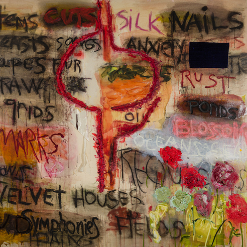 JOAN SNYDER (b. 1940), "… And Acquainted with Grief [Diptych]," 1997. Oil and mixed media on canvas, 48 x 108 in. (detail)