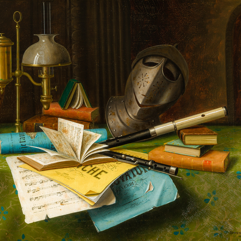 WILLIAM MICHAEL HARNETT (1848–1892), "A Gentleman’s Study," 1881. Oil on canvas, 28 1/8 x 38 in. (detail).