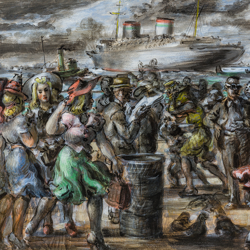 REGINALD MARSH (1898–1954), "The Rex Passes the Battery," 1939. Ink, watercolor, and gouache on paper, 22 x 30 in. (detail).