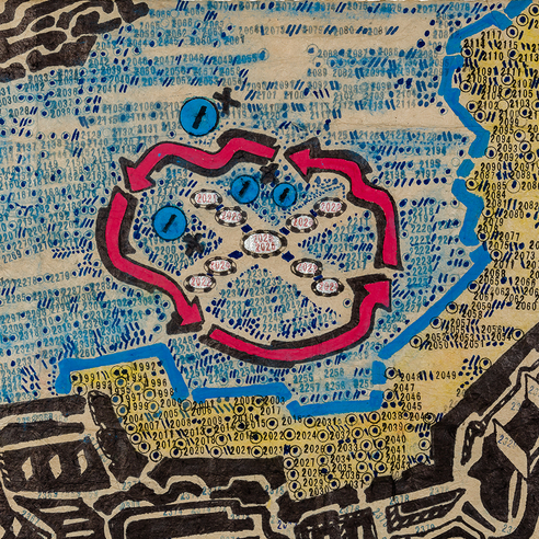 George Widener (b. 1962), "Untitled (with Red Arrows)," 2025. Marker, ink and paint on brown paper, 19 1/4 x 29 3/4 in. (detail)